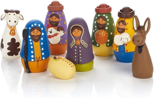 Vista 5 de Juego de Belén colorido, decoraciones navideñas, figuras coleccionables, escena del pesebre de la Sagrada Familia del Niño Jesús, decoración