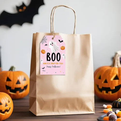 Vista 5 de jijAcraft Etiquetas de Halloween con cuerda, 50 etiquetas de regalo de papel de feliz Halloween, 3.3 x 2.1 pulgadas, diseño de fantasma rosa, un