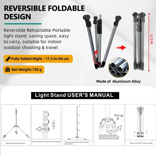 Vista 6 de Soporte de luz extensible para fotografía, ajustable de 6.6 pies/6.6 ft de aluminio para viajes, trípode de iluminación de estudio portátil
