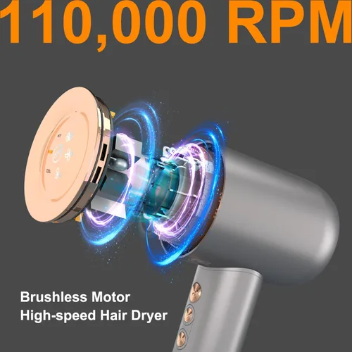 Vista 7 de Secador de pelo – 110000 RPM de alta velocidad sin escobillas motor negativo secador de soplado iónico negativo para secado rápido, secador de pelo