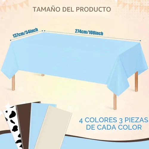 Vista 2 de Paquete de 12 manteles de plástico para baby shower de vaquero para mesas rectangulares, funda de mesa desechable con estampado de vaca, mantel