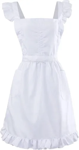 Vista 12 de Geyoga Delantales para mujeres con bolsillos Cocina Cocinando Camarera Sirvienta Delantal Falda Vintage Lindo Volantes Vestido Disfraz, Blanco