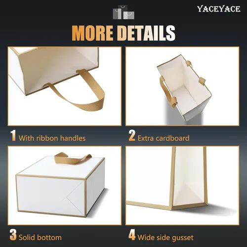 Vista 4 de Bolsas de regalo blancas con marco dorado, 20 unidades, 8 x 4.25 x 10.5 pulgadas, medianas y blancas y doradas, elegantes bolsas de regalo de lujo