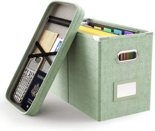 Vista 15 de Oterri Caja organizadora de archivos con tapa, caja de archivos colgante con bolsillo de malla, caja organizadora de documentos para archivos