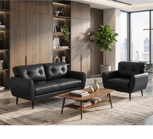 Vista 12 de TYBOATLE Sofá de sofá de 61 pulgadas de cuero sintético negro, sofá de dos plazas pequeño para sala de estar, sofá de estilo moderno de mediados
