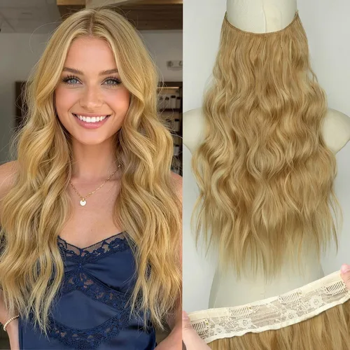 Vista 39 de KooKaStyle - Extensiones de cabello con hilo invisible, diadema transparente, ajustables, 4 clips fijadores, cabello largo y ondulado de 12