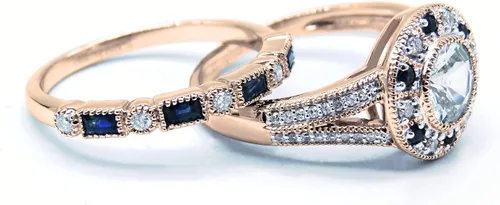 Vista 3 de Dazzlingrock Collection 6mm Centre Round Gemstone with Round White Diamond & Baguette Alternating Blue Sapphire Halo Miligrain Wedding Ring Set for