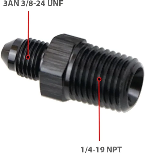 Vista 2 de Adaptador de tubo de aluminio recto 3AN acampanado a 1/4" NPT macho Unión de rosca adaptador de manguera de combustible negro