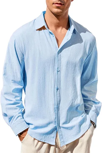Vista 8 de Camisa de algodón y lino para hombre, con botones, color sólido, para verano, casual, playa, hawaiana