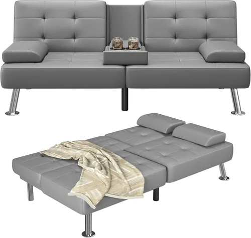 Vista 11 de Furmax Sofá Cama Futón Ajustable Sofá Cama Futón Sleeper para Sala de Estar, Oficina de Negocios, Sofás Reclinables con Portavasos (Cuero PU, Negro)