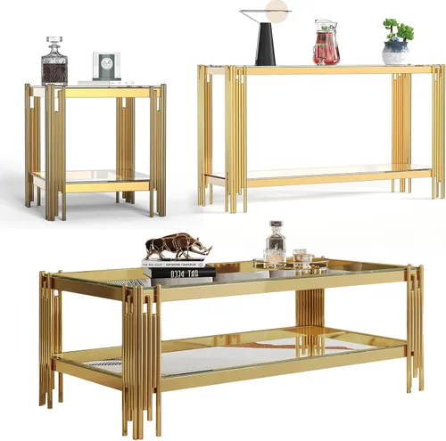 Vista 23 de Mesa auxiliar rectangular de vidrio de 48 pulgadas, mesa de centro de 2 niveles con parte superior de vidrio templado negro, patas de acero