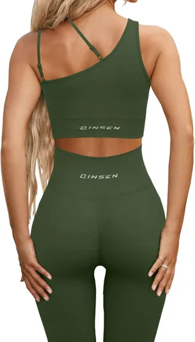 Vista 2 de QINSEN Conjuntos de entrenamiento para mujer, camisetas cortas deportivas sin costuras, leggings de cintura alta, trajes de dos piezas