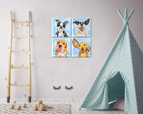 Vista 4 de KLVOS Obra de arte abstracta de cachorros, pintura de perros, imágenes divertidas de animales, decoración de pared, impresión en lienzo, galería