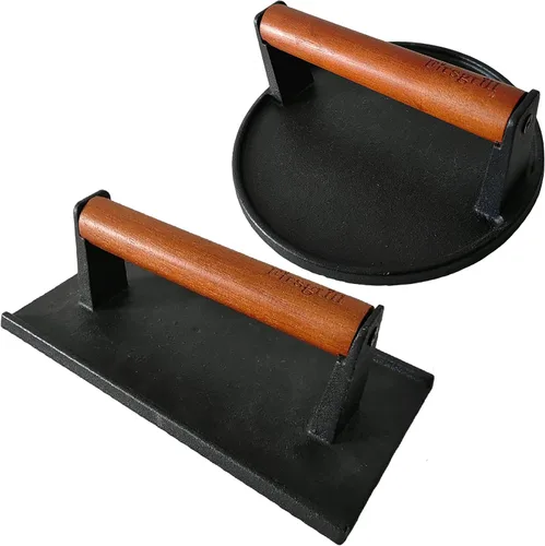 Vista 8 de Firsgrill Prensa para parrilla de hierro fundido resistente de 8.3"×4.3" y peso para bistec con mango de madera de agarre cómodo que no se calienta