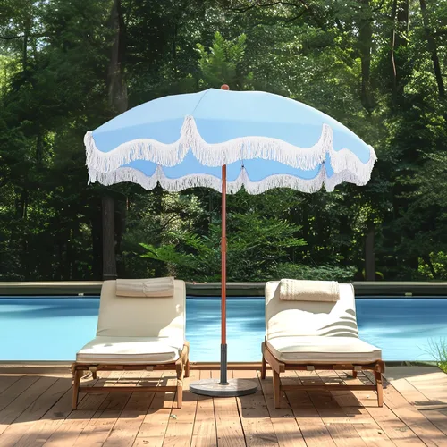 Vista 2 de Sombrilla de playa para patio de 7 pies con flecos, sombrilla para exteriores junto a la piscina, azul
