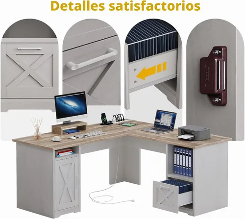 Vista 6 de DWVO Escritorio en forma de L con cajón de archivos, escritorio de esquina de 60 pulgadas con tomas de corriente, escritorio de oficina en casa