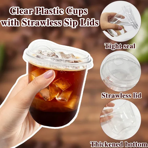 Vista 3 de Paquete de 60 vasos de plástico transparente con tapas para sorber sin pajilla, vasos desechables de PET cristal de 12 onzas para café helado