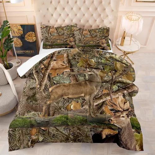Vista 8 de NINENINE - Juego de edredón de ciervos camuflados - Tamaño individual, ropa de cama temática occidental de bosque con bandera americana para niños