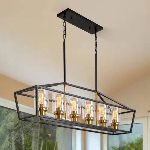 Vista 10 de Iluminación rústica de isla de cocina de granja, lámpara de 5 luces para comedor sobre mesa, lámpara de araña de madera rústica rectangular, lámpara