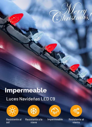 Vista 2 de Luces de Cadena LED de Navidad C9, 68 Pies 100 LED Luces de Techo Strawberry con 100 Clips Todo en Uno, Grado Comercial Impermeable Extensible