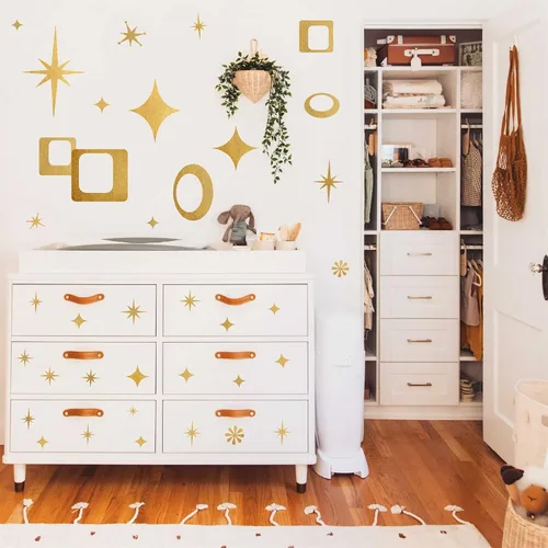 Vista 5 de Calcomanías de pared de estrellas retro, calcomanías de pared de óvalos y cuadrados, calcomanías geométricas para paredes, calcomanías de vinilo
