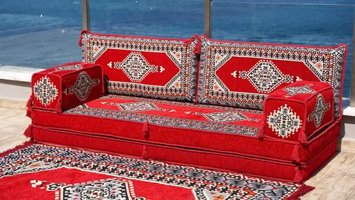 Vista 2 de arabicsofa Asiento marroquí rojo de 8 pulgadas de grosor – Juego de Jalsa árabe tradicional