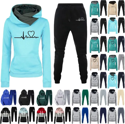 Vista 3 de Womens 2 Piece Outfit Long Sleeve Hoodies and Joggers Drawstring Sweatpants Solid Cute Print Pullover with Pocket