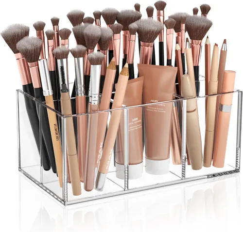 Vista 8 de HIIMIEI Organizador Portacepillos de Maquillaje Negro Acrílico de 6 Ranuras Organizador de Almacenamiento para Cepillos Cosméticos para Encimera