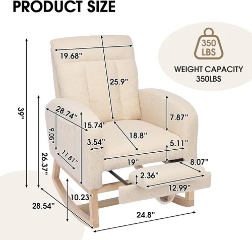 Vista 2 de NIOIIKIT Mecedora Moderna para Guardería, Mecedora Tapizada Teddy con Reposapiés, Cómoda Mecedora Deslizante con Bolsillo Lateral para Sala