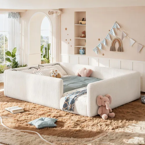 Vista 10 de Bellemave Twin Size Corduroy Upholstered Montessori Floor Bed Frame,Beige
