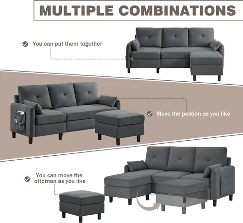 Vista 6 de Sofá modular convertible, sofá pequeño de 3 plazas en forma de L de 77 pulgadas con diván de almacenamiento reversible, sofá moderno de tela de Gris