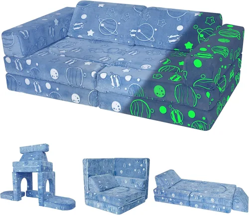 Vista 19 de Sofá modular para niños MeMoreCool – Sofá de dinosaurio de 8 piezas que brilla en la oscuridad para niños pequeños convertible en fuerte constructor