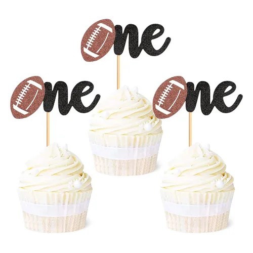 Vista 11 de Ercadio Paquete de 24 adornos para cupcakes de fútbol americano Oh Baby - Púas de rugby con purpurina negra para temática deportiva, baby shower