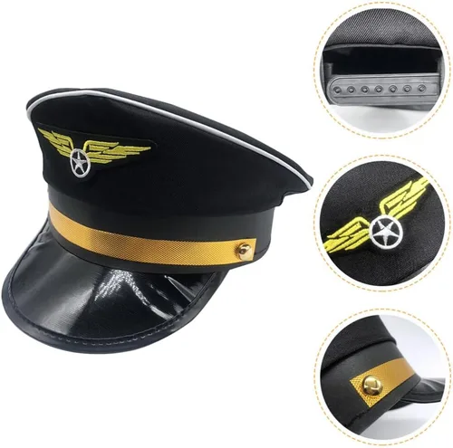 Vista 6 de Ciieeo Sombrero de disfraz de capitán, accesorio para sombrero de capitán de yate, gorra de piloto ajustable, Negro