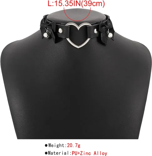 Vista 5 de Gargantilla de cuero con forma de corazón gótico, alas de murciélago, collar de gato, cadena de lazo punk, cascabel, cascabel, collar de cinta