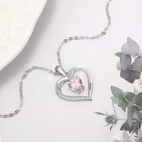 Vista 5 de Collares con colgante de corazón de amor para mujer, hechos con piedra natal de imitación, joyería de compromiso personalizada para ella