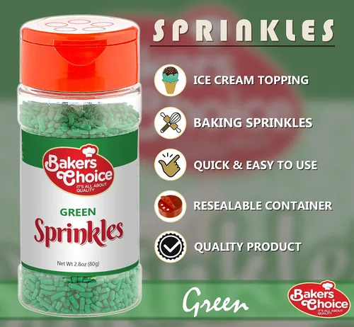 Vista 4 de Bakers Choice - Gránulos verdes para hornear, gránulos Jimmies para aderezos de helado, sin lácteos, Kosher de 2.8 onzas