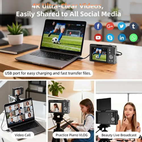 Vista 6 de Cámara digital 4K para fotografía, cámara de enfoque automático de 56 MP con pantalla abatible de 180° de 3 pulgadas, cámara compacta de viaje