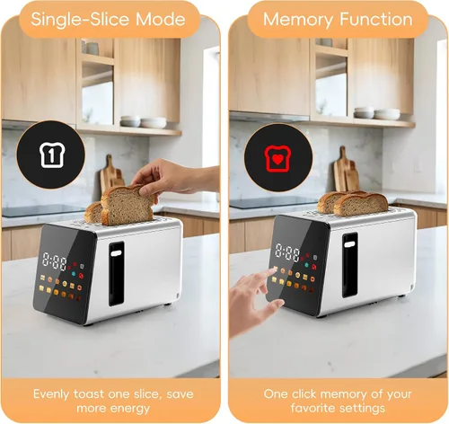 Vista 4 de WUNLY - Tostadora de 2 rebanadas con control táctil inteligente completo, función de memoria, tecnología de una sola ranura, 6 niveles de sombra y 6