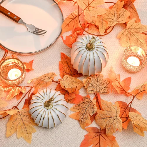 Vista 2 de FESTGLOX Decoración de calabaza de otoño, 2 figuras de calabaza falsas de resina de Acción de Gracias, calabazas blancas y doradas para decoración