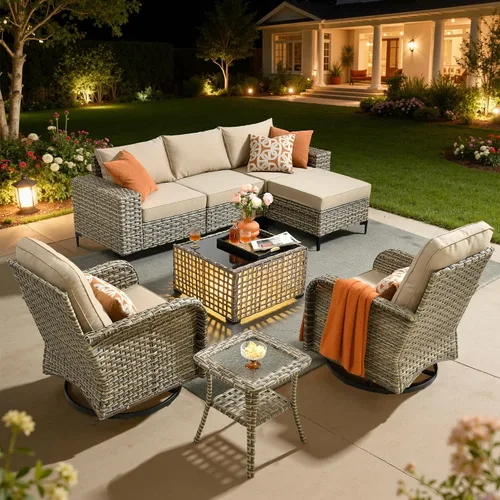 Vista 8 de HOOOWOOO Juego de muebles de patio de 5 piezas, sofá modular en forma de L para exteriores con mesa solar, mimbre PE para todo tipo de clima, sofá