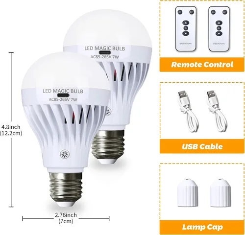 Vista 4 de BSOD Bombillas recargables con control remoto, bombillas LED E26 de luz cálida, bombillas de batería USB, bombillas regulables de emergencia