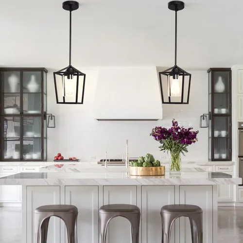 Vista 6 de Luces colgantes negras para isla de cocina, lámparas de 1 luz, iluminación de isla de granja, lámpara colgante de linterna para pasillo, vestíbulo