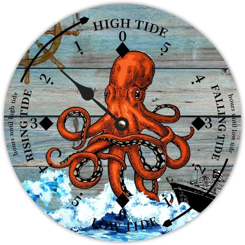 Vista 21 de Reloj de marea de estrella de mar oceánico, silencioso sin tictac, funciona con pilas, reloj de marea de madera, arte de pared, reloj de movimiento