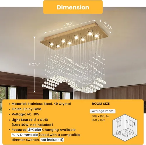 Vista 9 de Siljoy Candelabro de Cristal Rectangular Dorado para Comedor, 31.5'' Candelabro de Cristal Moderno con Gotas de Lluvia Onduladas, Lámpara Colgante