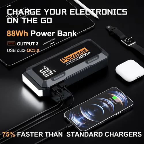 Vista 4 de Arrancador de 5000 A Povasee A40 Arrancador de Batería de Coche, Paquete de Energía Portátil de 12 V para Todos los Motores de Gasolina y Diésel