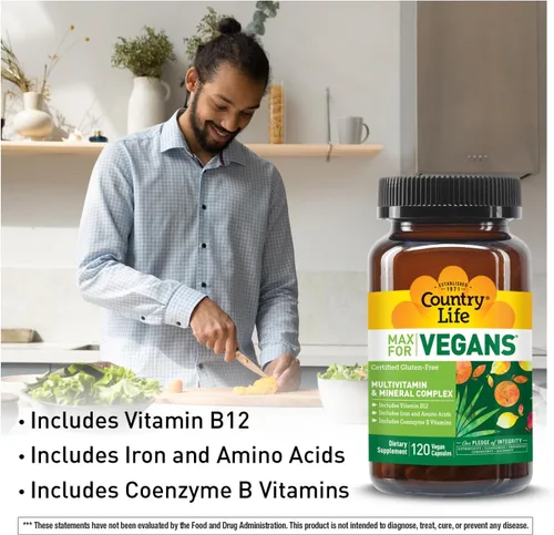 Vista 4 de Country Life Max for Vegans - 120 cápsulas veganas - Multivitaminas diarias - Suplemento de apoyo inmunológico - Contiene vitamina B12, hierro
