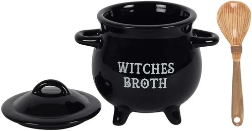 Vista 3 de Pacific Giftware Cuenco de cerámica para caldero de brujas con cuchara de escoba