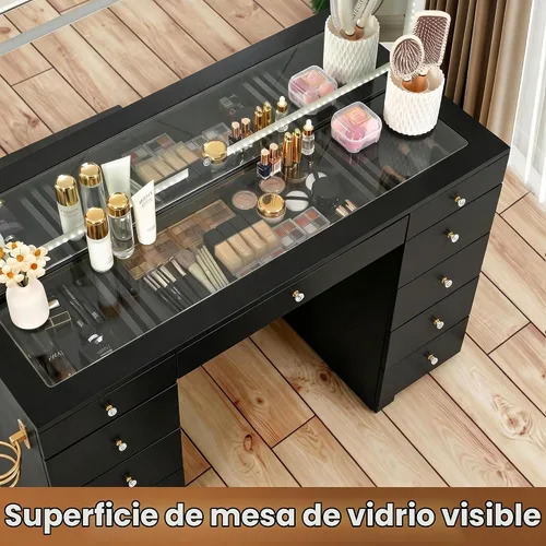 Vista 2 de Escritorio de tocador con 11 cajones con parte superior de cristal con silla, manijas de cristal con espejo y luces, tocador con toma de corriente
