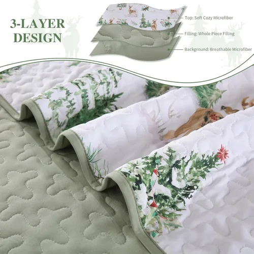 Vista 8 de DJY Juego de edredón navideño tamaño queen, patrón de renos y árboles de Navidad, juego de ropa de cama navideña, suave microfibra verde y blanco